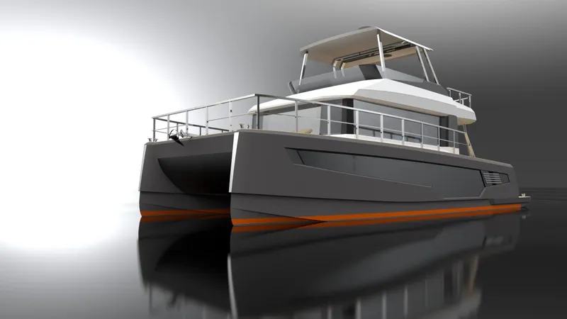  Yacht Photos Pics Modern 2023 Custom DG FLY 43 yacht with sleek design and reflective water surface.