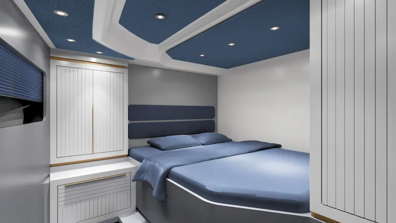  Yacht Photos Pics Modern yacht bedroom interior with blue and white decor, featuring a Custom DG FLY 43 model, 2023.