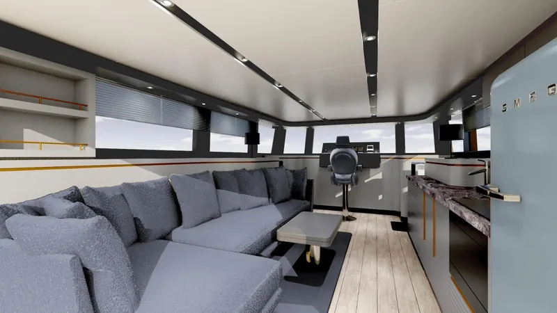  Yacht Photos Pics Luxurious interior of 2023 Custom DG FLY 43 yacht with modern seating and sleek design.