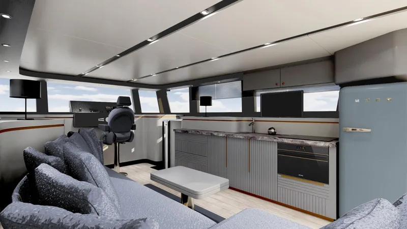  Yacht Photos Pics Luxurious interior of 2023 Custom DG FLY 43 yacht with modern design and comfortable seating.