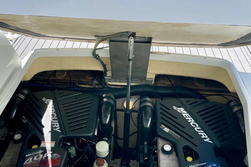 Talitoo Yacht Photos Pics Engine compartment of a 2006 Formula 37 PC boat with twin MerCruiser engines.