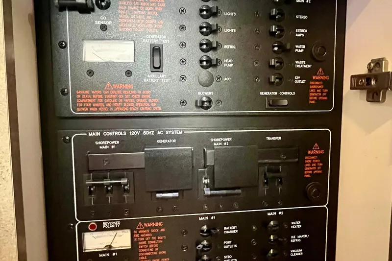 Talitoo Yacht Photos Pics Electrical control panel of a 2006 Formula 37 PC boat, featuring various switches and warnings.