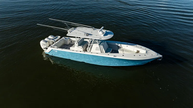  Yacht Photos Pics 2020 SeaVee 370z boat on calm water, aerial view.