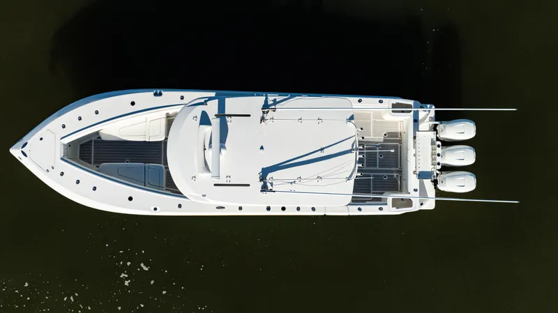  Yacht Photos Pics Aerial view of 2020 SeaVee 370z boat with triple outboard engines.
