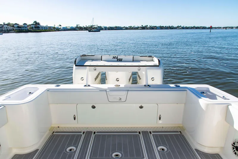  Yacht Photos Pics 2020 SeaVee 370z boat deck overlooking calm waters.