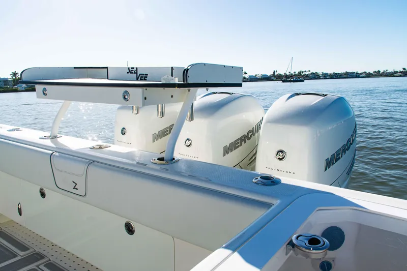  Yacht Photos Pics 2020 SeaVee 370z boat with dual Mercury outboard engines on a sunny day.