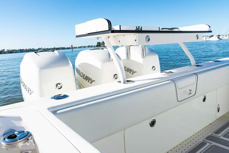 Yacht Photos Pics 2020 SeaVee 370z boat with dual Mercury engines on a sunny day.