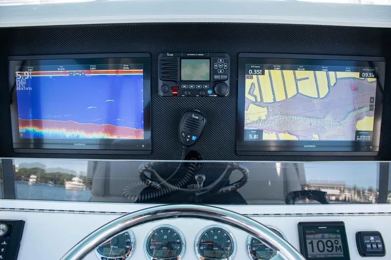  Yacht Photos Pics Control panel of 2020 SeaVee 370z boat with navigation and sonar displays.