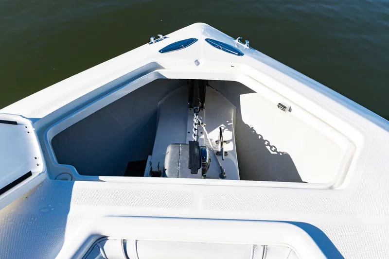  Yacht Photos Pics Bow of 2020 SeaVee 370z boat with anchor storage compartment.