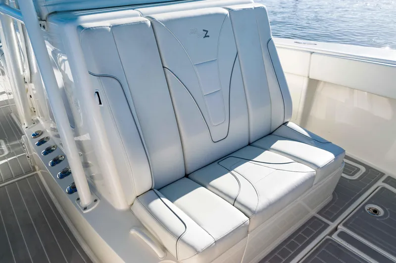  Yacht Photos Pics 2020 SeaVee 370z boat seating with sleek white upholstery and modern design.