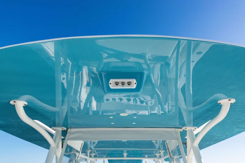  Yacht Photos Pics 2020 SeaVee 370z boat's blue T-top against clear sky.