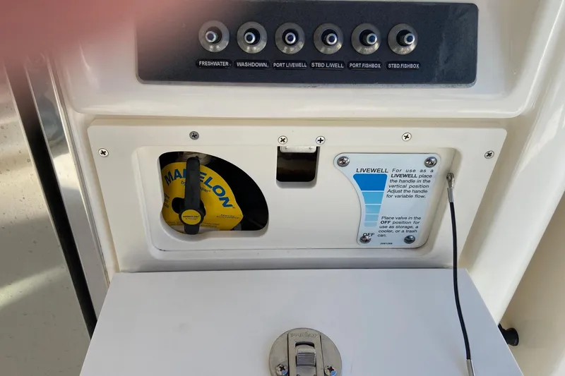  Yacht Photos Pics Control panel and livewell valve on a 2024 Boston Whaler 320 Vantage boat.