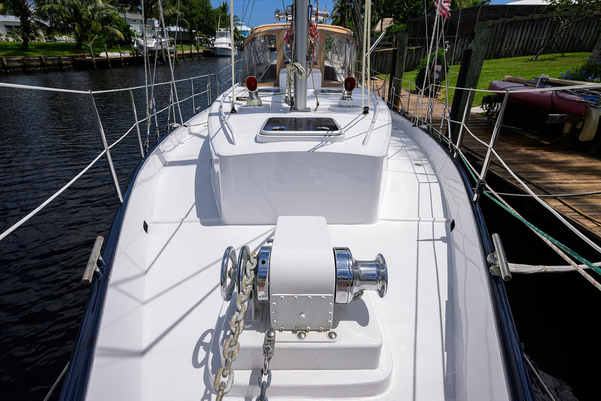 Custom 46 Dennis Schreibert Schooner, 2013 model, docked with visible deck and winch.