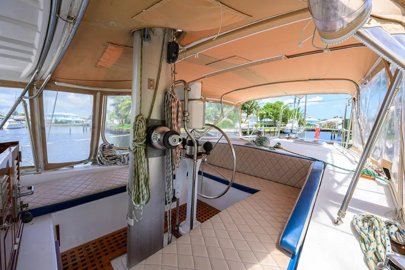 Running On Empty Yacht Photos Pics Interior view of 2013 Custom 46 Dennis Schreibert Schooner with helm and seating area.