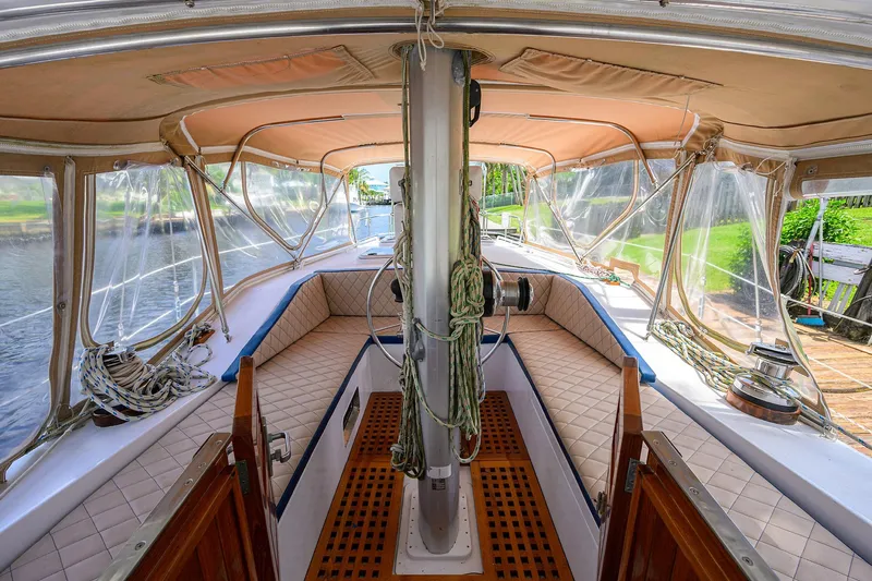 Running On Empty Yacht Photos Pics Interior view of 2013 Custom 46 Dennis Schreibert Schooner with seating and clear canopy.