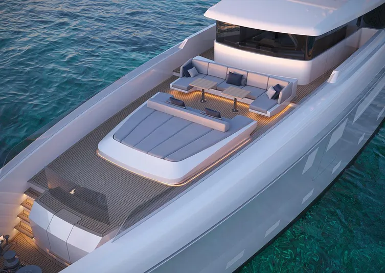 Palm Beach Yacht Photos Pics Modern 2025 Custom 150 Palm Beach yacht with luxurious deck seating and sleek design.