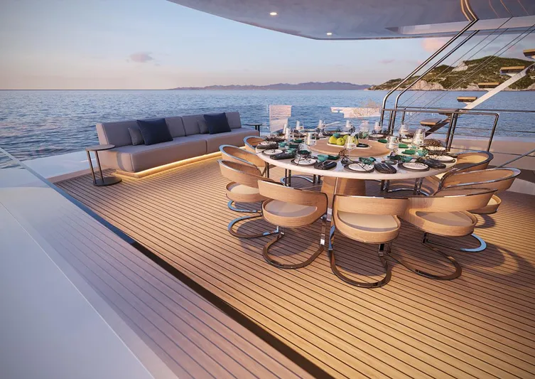 Palm Beach Yacht Photos Pics Luxury dining area on the 2025 Custom 150 Palm Beach yacht, with ocean view.