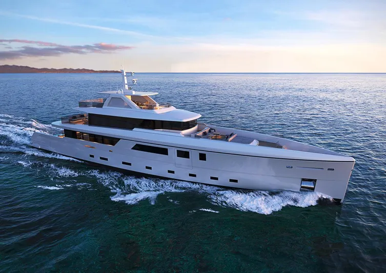 Palm Beach Yacht Photos Pics 2025 Custom 150 Palm Beach yacht cruising on open water at sunset.