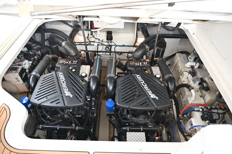 Pamlico Pirate Yacht Photos Pics Engine room of a 2008 Sea Ray 350 Sundancer with Mercury engines.