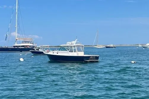Able II Yacht Photos Pics 2008 Hunt Yachts Surfhunter 29 in a serene harbor setting with other boats.