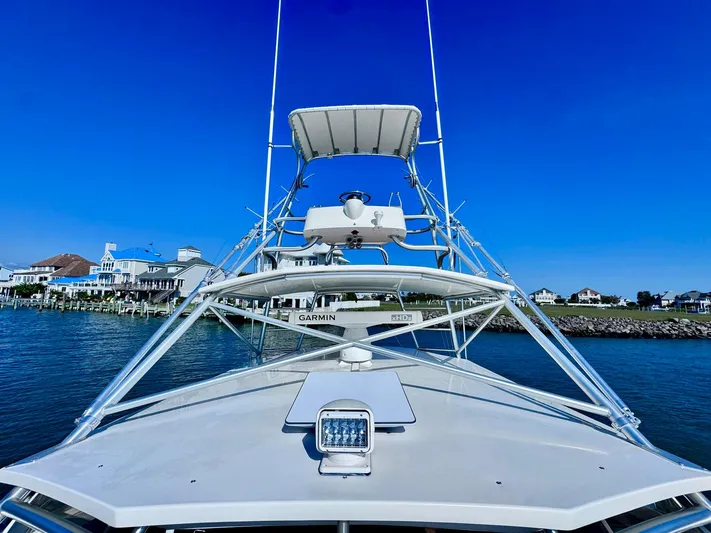 Triple Play Yacht Photos Pics 2005 Carolina Classic 35 boat on water, clear blue sky background.