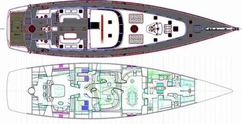 Atl 864 Yacht Photos Pics Blueprint of a 1998 Marc Lombard 33m yacht design, showcasing deck and interior layout.