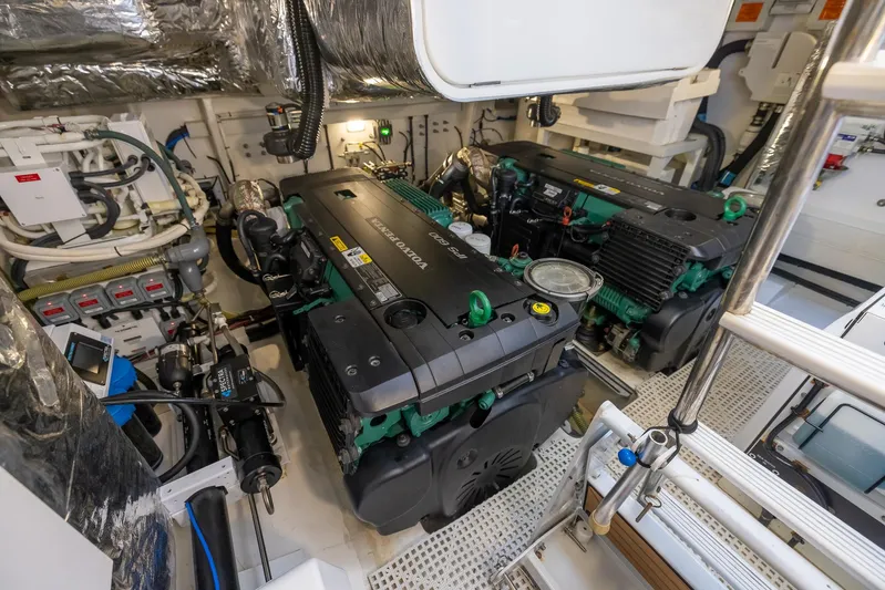 Quick Decision Yacht Photos Pics Engine room of a 2020 Princess V50 yacht with twin Volvo Penta engines.