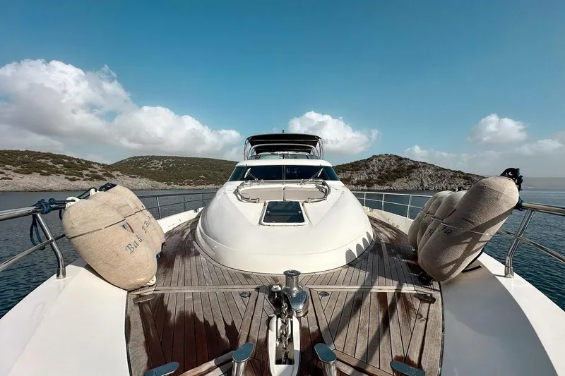  Yacht Photos Pics Luxury 2004 FAIRLINE SQUADRON 74 yacht on serene waters, showcasing elegant deck design.