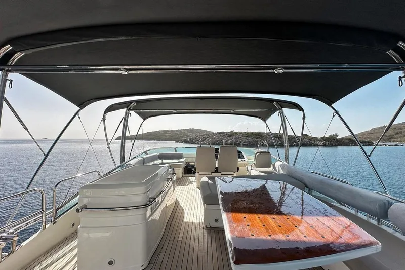  Yacht Photos Pics Luxurious 2004 FAIRLINE SQUADRON 74 yacht deck with seating, overlooking serene waters.