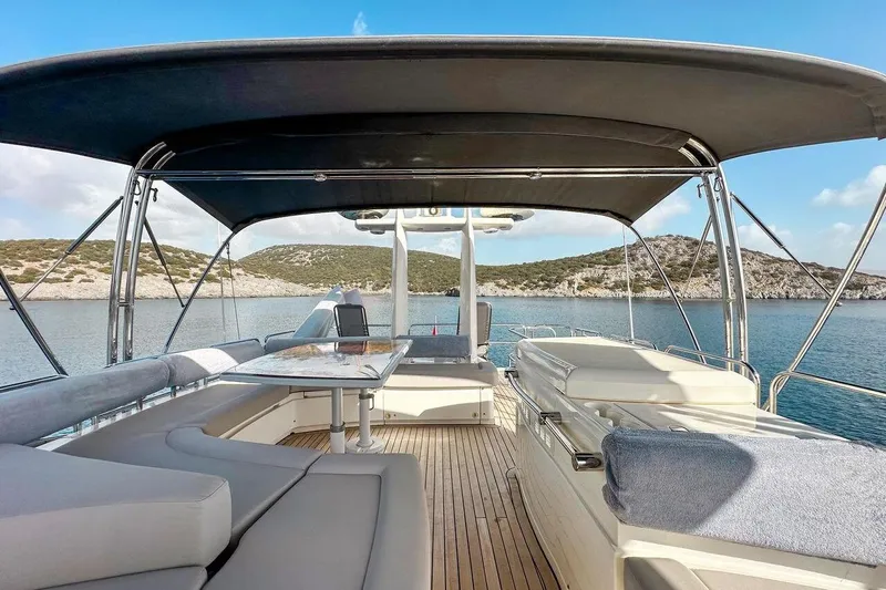  Yacht Photos Pics Luxurious 2004 FAIRLINE SQUADRON 74 yacht deck with seating, overlooking serene waters.