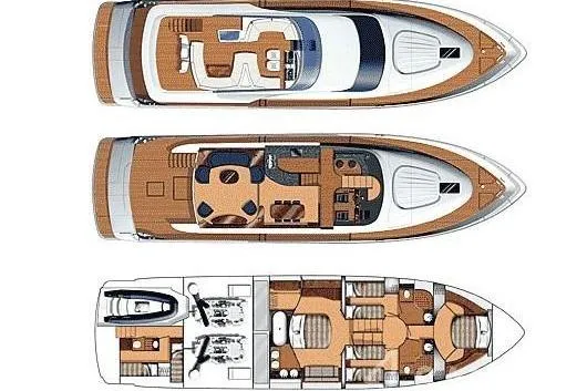  Yacht Photos Pics Deck layout of 2004 FAIRLINE SQUADRON 74 luxury yacht, showcasing three levels.