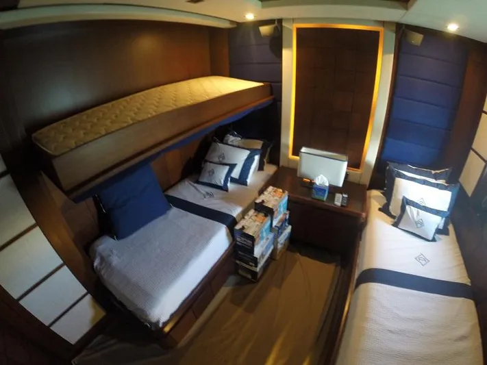  Yacht Photos Pics Luxurious cabin interior of 2008 Azimut 95 yacht with twin beds and elegant decor.