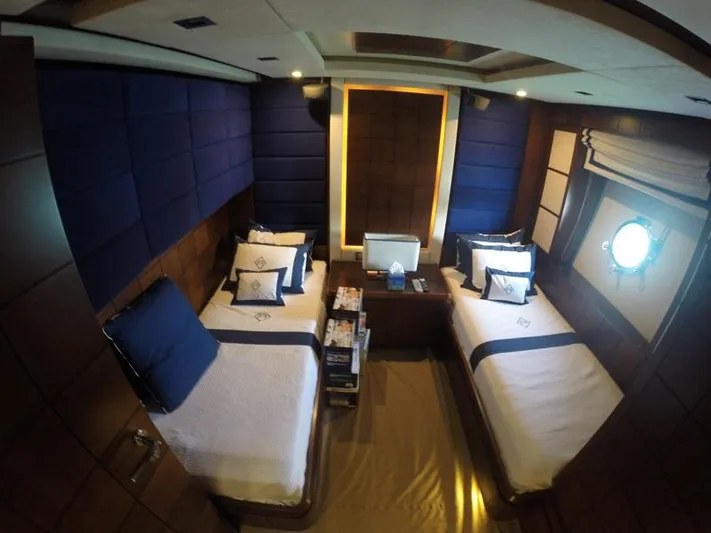  Yacht Photos Pics Luxurious twin cabin interior on 2008 Azimut 95 yacht, featuring elegant bedding and modern design.
