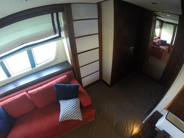  Yacht Photos Pics Luxurious interior of 2008 Azimut 95 yacht with red sofa and stylish decor.