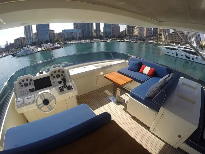  Yacht Photos Pics Luxurious 2008 Azimut 95 yacht deck with seating, table, and city marina view.