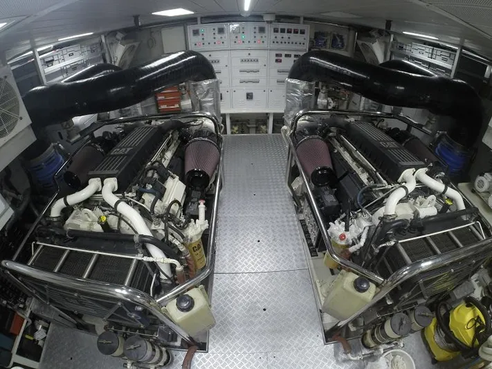  Yacht Photos Pics Engine room of 2008 Azimut 95 yacht, featuring dual engines and control panels.