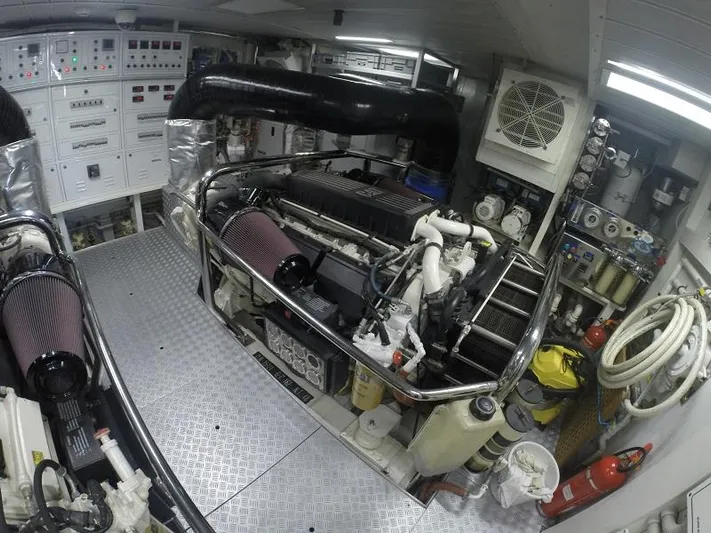  Yacht Photos Pics Engine room of a 2008 Azimut 95 yacht, featuring complex machinery and control panels.