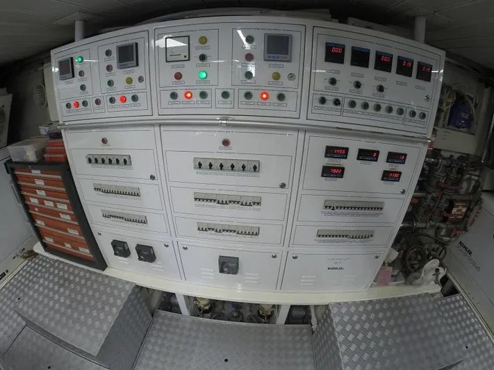  Yacht Photos Pics Control panel inside 2008 Azimut 95 yacht, featuring various switches and indicators.