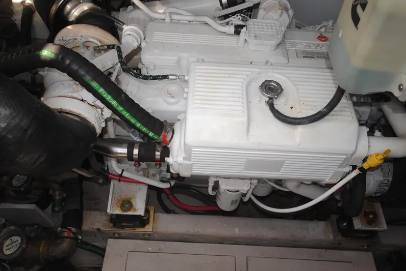  Yacht Photos Pics Engine compartment of 2017 Sea Ray Sundancer 510 yacht, showcasing detailed mechanical components.