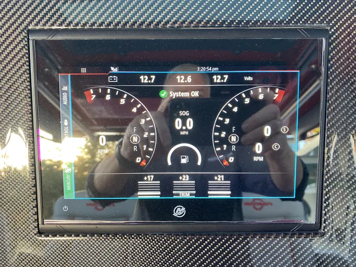  Yacht Photos Pics Dashboard display of a 2024 Fountain 38 SCX boat showing system status and gauges.