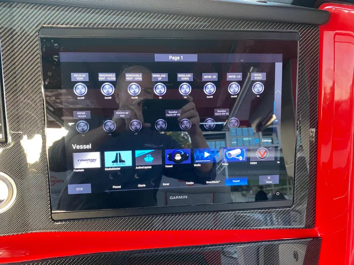  Yacht Photos Pics 2024 Fountain 38 SCX touchscreen control panel with various vessel settings and options.