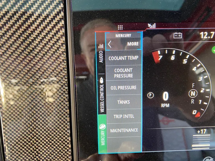  Yacht Photos Pics Dashboard display of a 2024 Fountain 38 SCX boat showing engine metrics and controls.