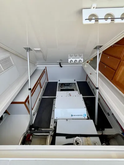 Mr. Sandman Yacht Photos Pics 2023 Back Cove 34O engine room with Seakeeper 3 stabilizer system.