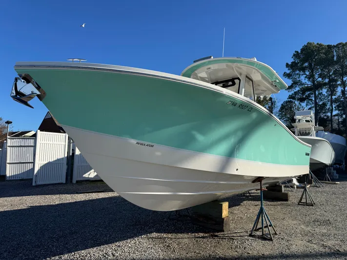 Temp Tag Yacht Photos Pics 2022 Regulator 31 boat on a dry dock.