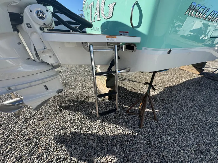 Temp Tag Yacht Photos Pics 2022 Regulator 31 boat with ladder and outboard motor.