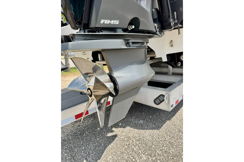  Yacht Photos Pics Close-up of a 2024 Fountain 34 Thundercat boat propeller on a trailer.