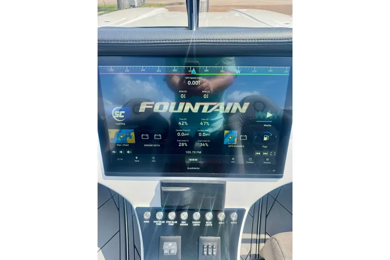  Yacht Photos Pics Dashboard of 2024 Fountain 34 Thundercat boat with digital display and controls.