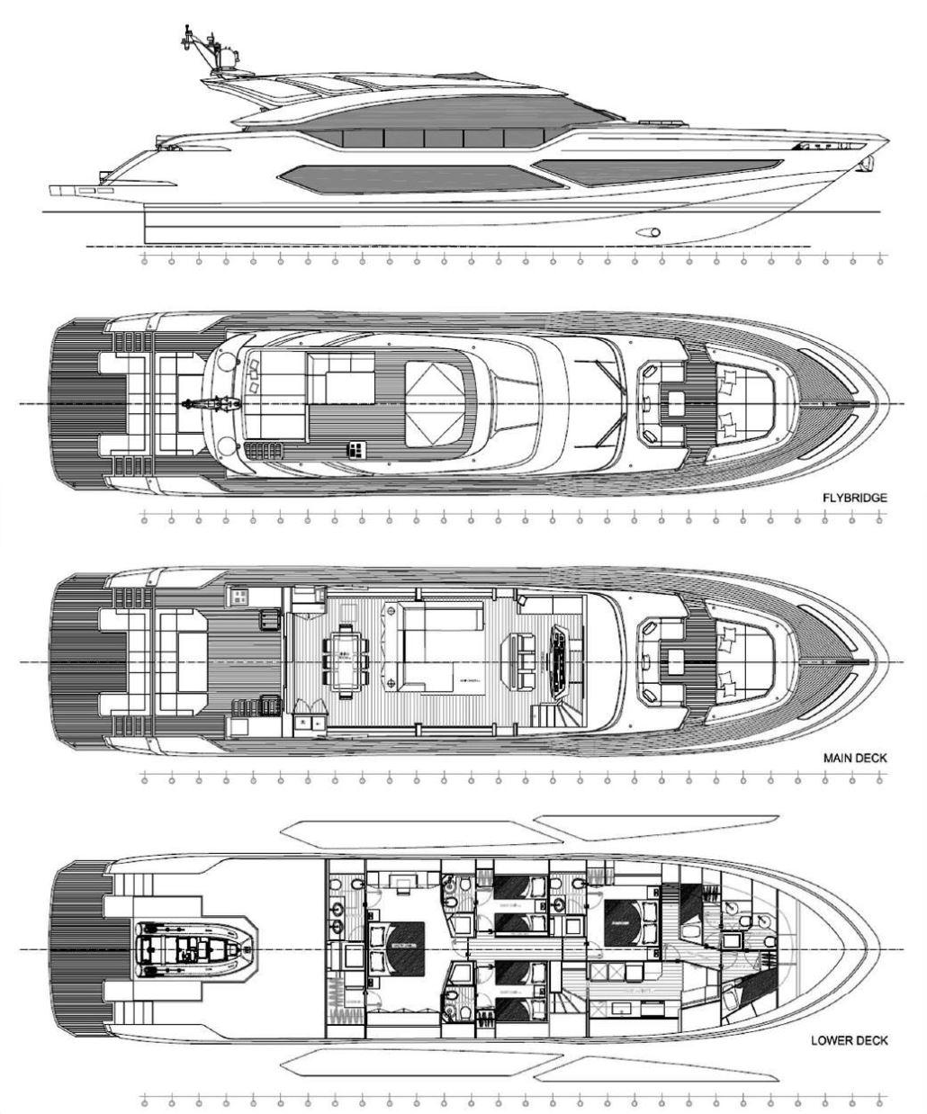 Blueprint of 2022 AB Yachts 100, showcasing flybridge, main, and lower deck layouts.