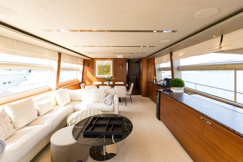 Far Niente Yacht Photos Pics Luxurious interior of 2014 Princess Flybridge 82 Motor Yacht with elegant furnishings.