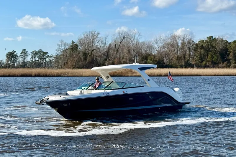 Yacht Photos Pics 2021 Sea Ray SLX 310 Outboard cruising on a scenic river with trees in the background.
